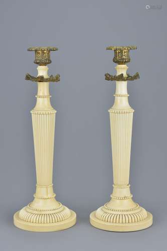 Pair of 19th century Ivory Corinthian Column Candlesticks with Gilt Metal Sconces, possibly Indian,