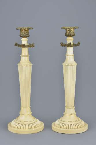 Pair of 19th century Ivory Corinthian Column Candlesticks with Gilt Metal Sconces, possibly Indian,