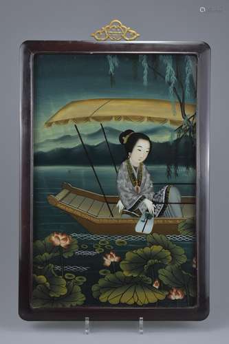 A Chinese vintage 20th century reverse glass painting on lady on a boat holding a fan. Frame 35cm x