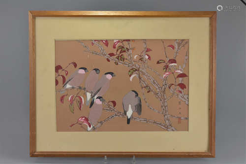 A framed and glazed Chinese early 20th watercolour and gouache painting of birds in a tree. Signed b