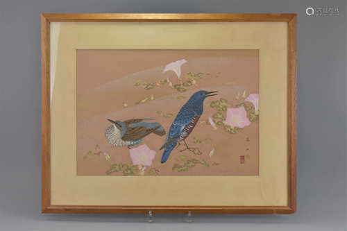 A framed and glazed Chinese early 20th century watercolour and gouache painting of birds. Signed bot