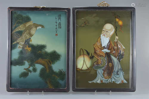 Two Chinese 20th century framed reverse glass paintings of Shou lao with peach and eagle. 44cm x 50c