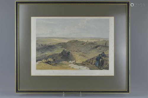 A framed and glazed 19th century print of the 'Ditch of the Malakoff, Battery Gervias and rear of th