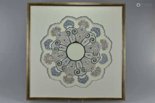 A large, well framed and glazed Chinese 19/20th century embroidered collar. Frame 75cm x 75cm