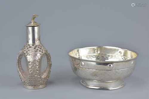 English Hallmarked Silver Bowl with Hammered Body by Barker Brothers & Sons ltd, Birmingham 1928, Bi