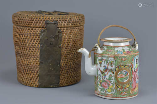 Chinese 19th century Cantonese Teapot contained in a fitted Wicker Container, 14cms high