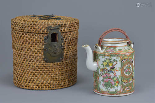 Chinese 19th century Cantonese Teapot contained in a fitted Wicker Container, 12cms high