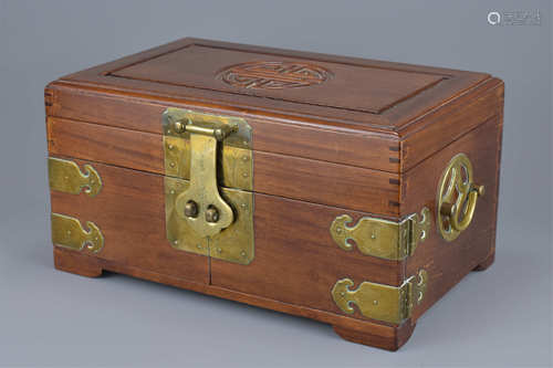 Chinese Early Rosewood Jewellery Box with Moulded Motif to Lid and Brass Mounts, 16cms high x 29cms