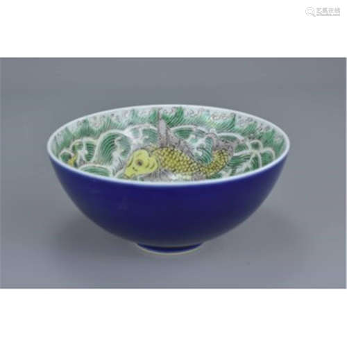 Chinese Blue Glazed Bowl, interior decorated with three carp fishandcrab
bearing six character mar