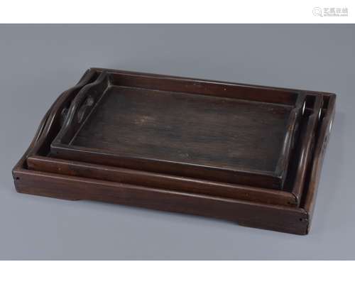 Chinese 19/20th century Nest of Three Hardwood Trays, largest 45cms
longx 32cms deep, smallest 35cm