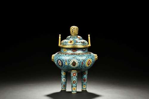 CLOISONNE ENAMELED 'FLOWERS' TRIPOD CENSER WITH LID