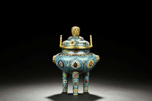 CLOISONNE ENAMELED 'FLOWERS' TRIPOD CENSER WITH LID