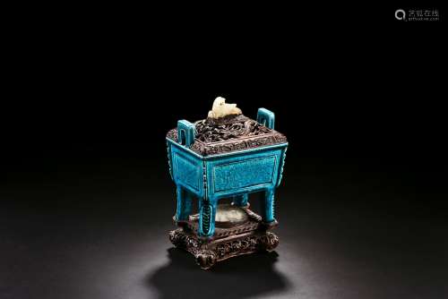 BLUE-GROUND ARCHAIC CENSER WITH WHITE JADE INLAID COVER AND STAND