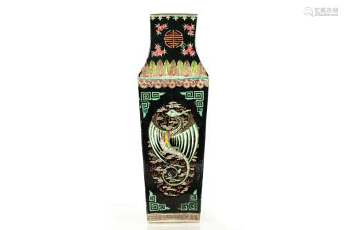 BLACK GLAZED AND OPEN MEDALLION 'PHOENIX' VASE WITH WOODEN BOX