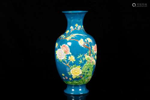 FAMILLE ROSE AND BLUE GROUND 'FLOWERS AND BIRDS' VASE