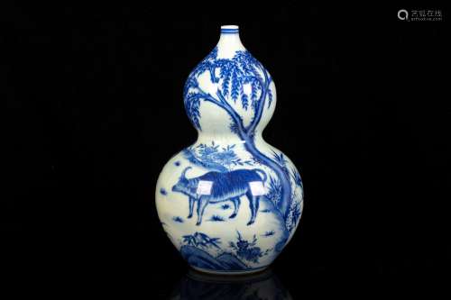 BLUE AND WHITE 'WATER BUFFALO' DOUBLE GOURD VASE