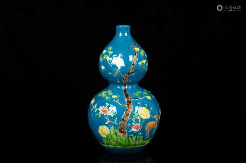 BLUE GLAZED AND PAINTED 'FLOWERS' DOUBLE GOURD VASE