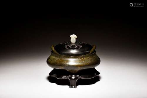 BRONZE CAST TRIPOD CENSER WITH WOODEN LID AND STAND
