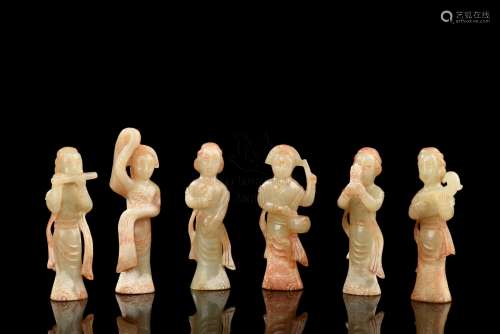GROUP OF SIX JADE CARVED 'FEMALE MUSICIANS' FIGURES