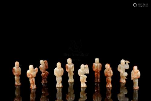 GROUP OF TEN JADE CARVED 'MALE MUSICIANS' FIGURES