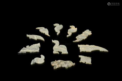 SET OF ELEVEN ARCHAIC JADE CARVED 'ANIMALS' ORNAMENTS