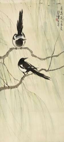 XU BEIHONG: INK AND COLOR ON PAPER PAINTING 'MAGPIE BIRDS'