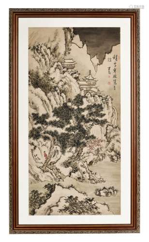 PU XINYU: FRAMED INK AND COLOR ON PAPER PAINTING 'SNOW SCENERY'
