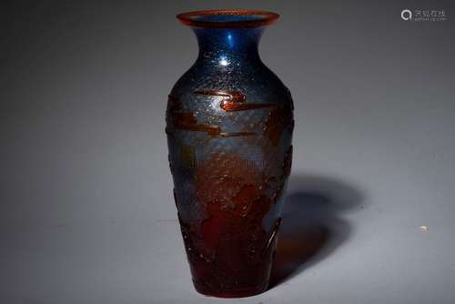 RED OVERLAY BLUE GLASS 'PINE TREES' VASE