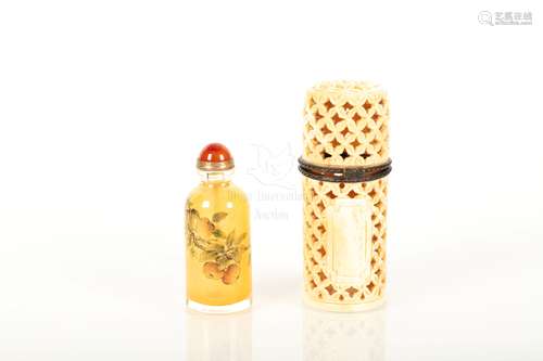 INSIDE PAINTED SNUFF BOTTLE WITH BONE CARVED ENCLOSURE