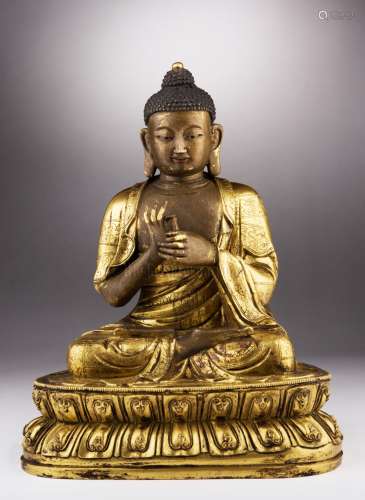 GILT BRONZE FIGURE OF SHAKYAMUNI BUDDHA