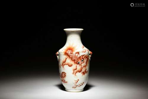 UNDERGLAZE RED 'MYTHICAL LIONS' VASE