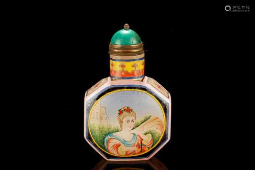 FAMILLE ROSE GLASS OCTAGONAL 'WESTERN LADIES' SNUFF BOTTLE