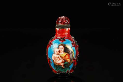 FAMILLE ROSE GLASS OVERLAY 'WESTERNERS' SNUFF BOTTLE