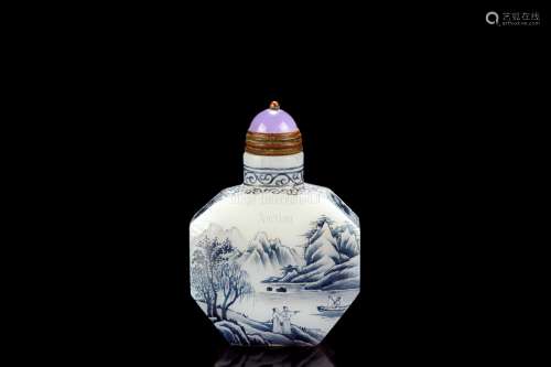 BLUE AND WHITE GLASS 'LANDSCAPE' SNUFF BOTTLE