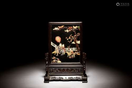 WOOD CARVED AND EMBELLISHED 'LONGEVITY' TABLE SCREEN