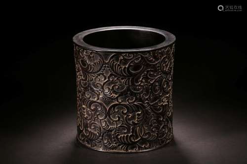 ZITAN WOOD CARVED 'FLOWERS AND VINES' BRUSH POT