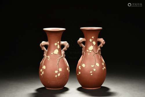 ZHU MINGQI, WANG ZHONGMING: PAIR OF YIXING 'PLUM FLOWERS' VASE WITH HANDLES