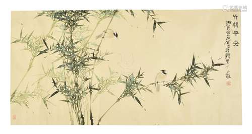 QIN TIANZHU: INK AND COLOR ON PAPER PAINTING 'BIRDS AND BAMBOO'