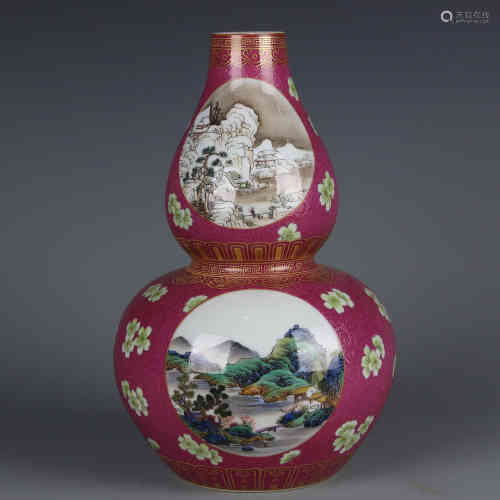 A Chinese Red Ground Famille-Rose Porcelain Double Gourd Vase