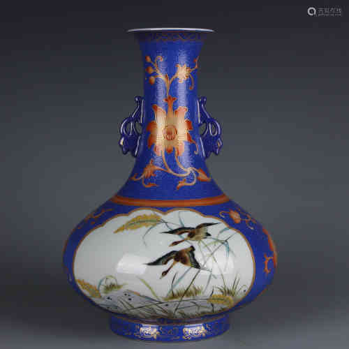 A Chinese Blue Glazed Famille-Rose Porcelain Vase