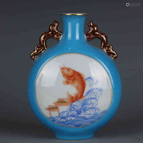 A Chinese Blue Ground Enamel Glazed Porcelain Moon Flask