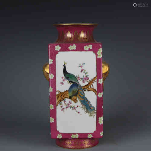 A Chinese Red Ground Famille-Rose Porcelain Square Vase