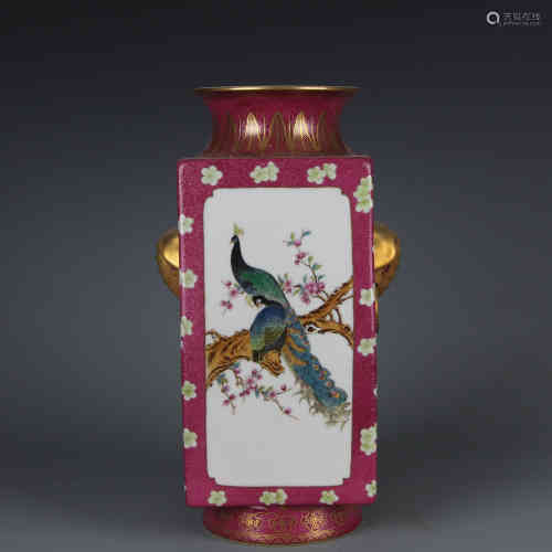 A Chinese Red Ground Famille-Rose Porcelain Square Vase