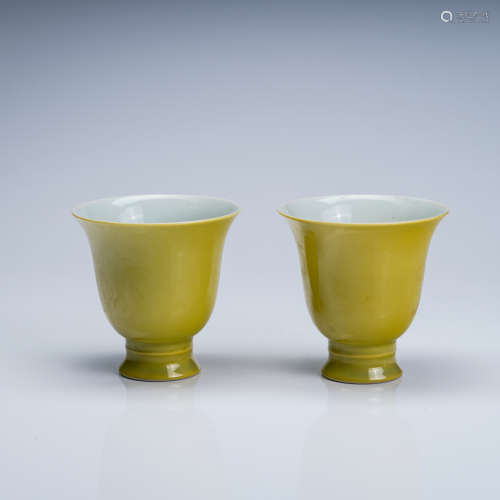 A Pair of Chinese Lemon-Yellow Glazed Porcelain Cups