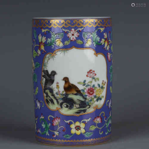 A Chinese Blue Ground Famille-Rose Porcelain Brush Pot
