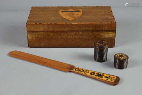 Two Small  Victorian Tonbridge-ware Cylindrical Pots; the pots with a letter opener and a box with heraldic shield to top