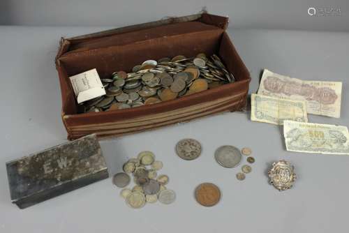 Miscellaneous GB and All World Coins, including a Professor Holloway 1858 Bronze Medallion; English 10 shilling note, Egyptian and Italian bank notes, English silver coins including 1838 Maundy 2p; 1874 Maundy 2p, 1843 11/2 p; 1d The Regent Weekly Southampton Street WC token; 1815 half crown, other miscellaneous silver coins, silver-metal Monogram brooch