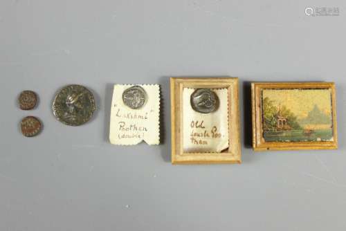Antique Indian Lakshmi Poothen (Double) Coin, this lot includes a double goo, a bronze Roman coin depicting a centurion and crow and two ancient Indian hammered coins, contained in a hand painted collectors stamp box