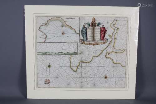 Captain Greenvile Collins Engraving - Fowey and Mount's Bay, published London circa 1693, hand-coloured, mounted but unframed, approx 45 x 56 cms