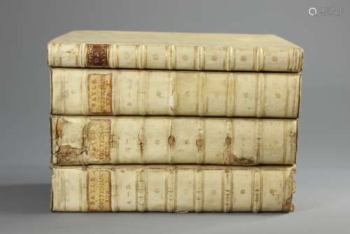 Pierre Bayle Dictionaire Historique et Critique; three volumes bound in vellum circa 1702, Rotterdam, Chez Reinier Leers, MDCCII, Avec Privilege, together with a later supplement dated 1722